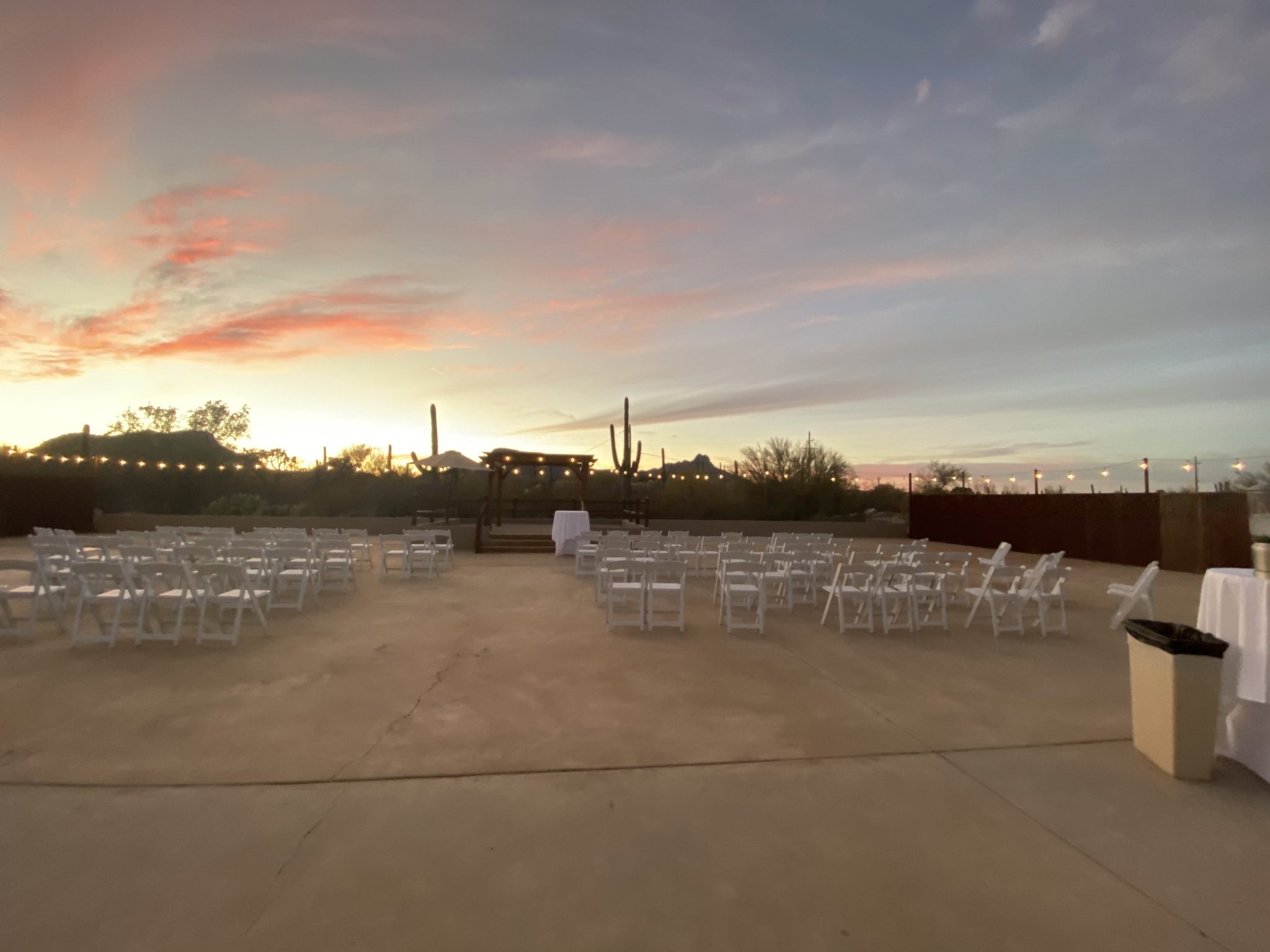 Decorated venue at twilight